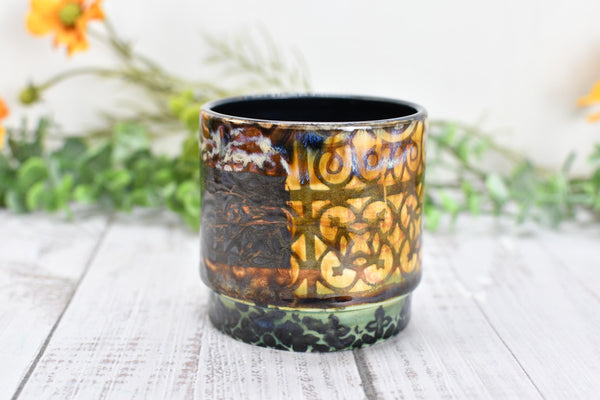 Bronze Whiskey Bourbon Cup, Pottery Anniversary Handmade Ceramic Tumbler Cardinal Bird Lover Bar Wine Gift, Black, Green, Tan Moroccan