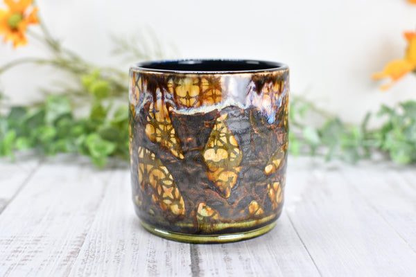 Whiskey Bourbon Cup, Bronze Pottery Anniversary Handmade Ceramic Tumbler BoHo Art Lover Wine Gift, Black, Olive Green, Tan Moroccan Pattern