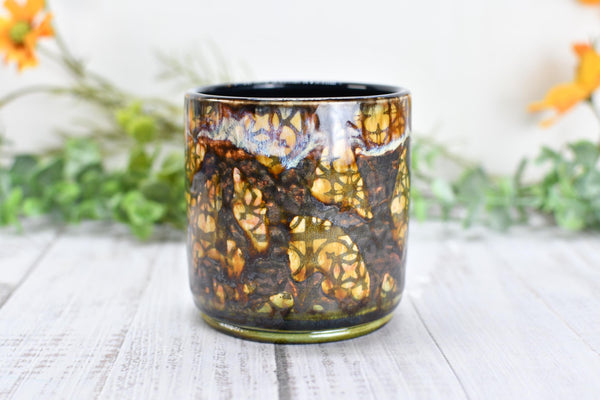 Whiskey Bourbon Cup, Bronze Pottery Anniversary Handmade Ceramic Tumbler BoHo Art Lover Wine Gift, Black, Olive Green, Tan Moroccan Pattern