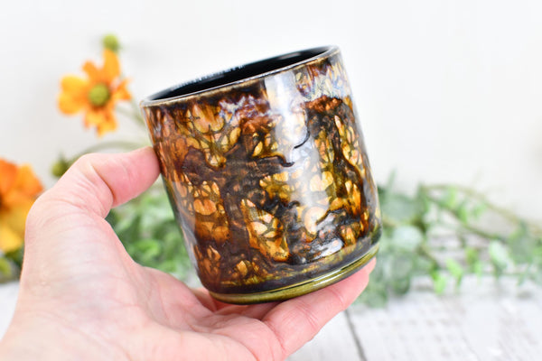 Whiskey Bourbon Cup, Bronze Pottery Anniversary Handmade Ceramic Tumbler BoHo Art Lover Wine Gift, Black, Olive Green, Tan Moroccan Pattern