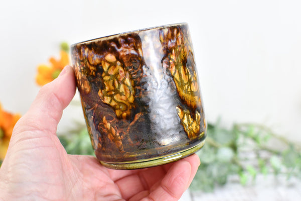 Whiskey Bourbon Cup, Bronze Pottery Anniversary Handmade Ceramic Tumbler BoHo Art Lover Wine Gift, Black, Olive Green, Tan Moroccan Pattern