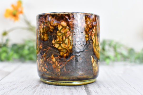 Whiskey Bourbon Cup, Bronze Pottery Anniversary Handmade Ceramic Tumbler BoHo Art Lover Wine Gift, Black, Olive Green, Tan Moroccan Pattern