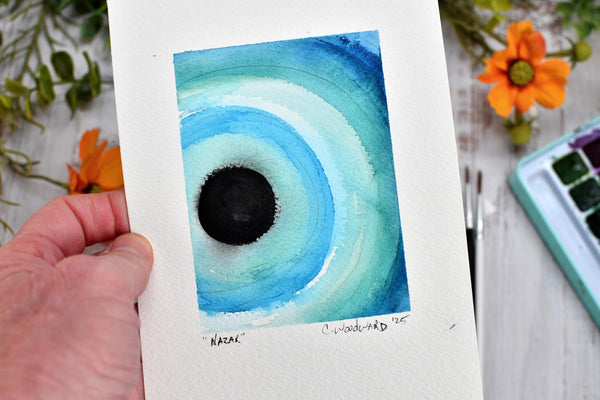 Watercolor Painting Original Evil Eye Wall Art, 5x7 on Paper Unframed, Blue White Home Decor, Not A Print, Italy Nazar Turkish Boho