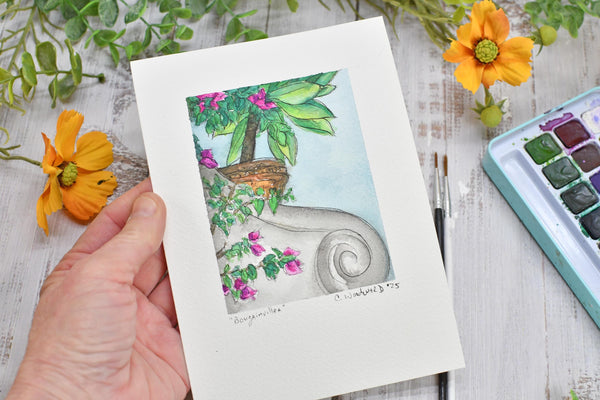 Watercolor Painting Original Floral Wall Art, 5x7 on Paper Unframed, Gray Green Pink Home Decor, Not A Print, Amalfi Italy Bougainvillea