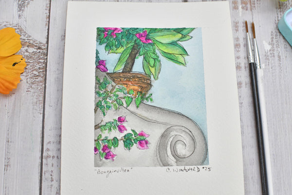 Watercolor Painting Original Floral Wall Art, 5x7 on Paper Unframed, Gray Green Pink Home Decor, Not A Print, Amalfi Italy Bougainvillea
