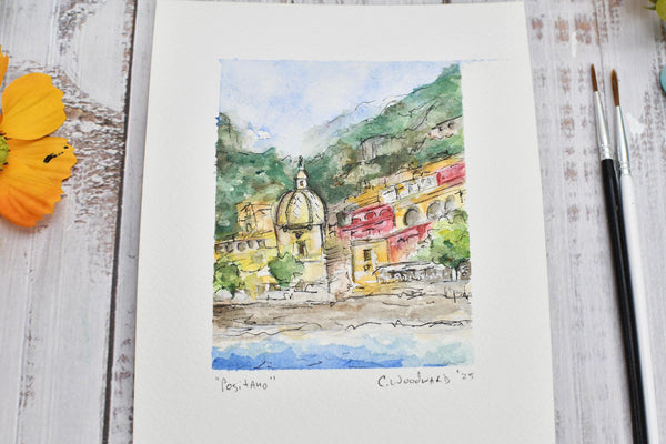 Watercolor Painting Original Positano Wall Art, 5x7 on Paper Unframed, Blue Green Yellow Beach Home Decor, Not A Print, Amalfi Coast Italy