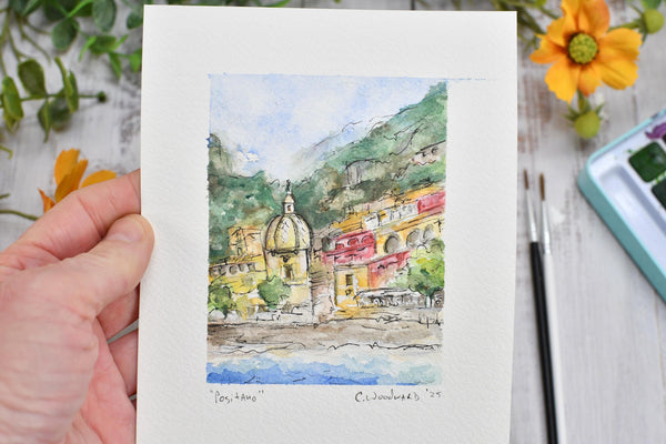 Watercolor Painting Original Positano Wall Art, 5x7 on Paper Unframed, Blue Green Yellow Beach Home Decor, Not A Print, Amalfi Coast Italy