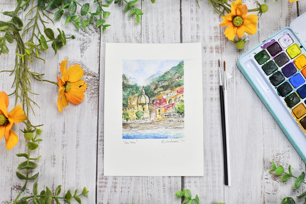 Watercolor Painting Original Positano Wall Art, 5x7 on Paper Unframed, Blue Green Yellow Beach Home Decor, Not A Print, Amalfi Coast Italy