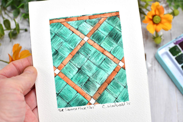 Watercolor Painting Original Green Wall Art, 5x7 on Paper Unframed, Black Tan Home Decor, Not A Print, Floor Tiles Amalfi Coast Italy