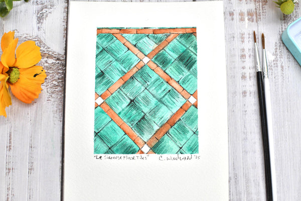 Watercolor Painting Original Green Wall Art, 5x7 on Paper Unframed, Black Tan Home Decor, Not A Print, Floor Tiles Amalfi Coast Italy