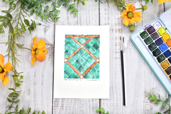 Watercolor Painting Original Green Wall Art, 5x7 on Paper Unframed, Black Tan Home Decor, Not A Print, Floor Tiles Amalfi Coast Italy