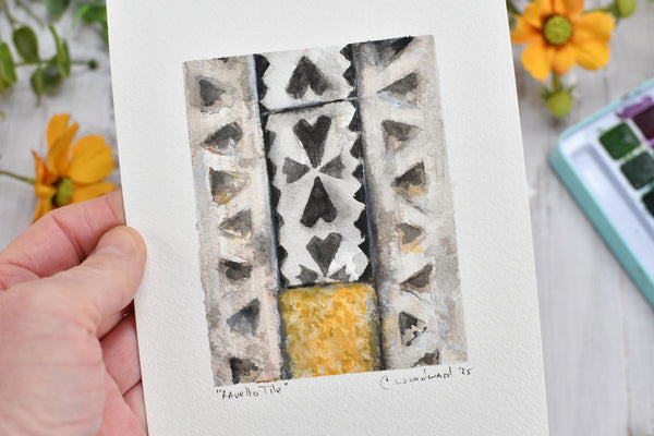 Watercolor Painting Original Gray Wall Art, 5x7 on Paper Unframed, Green Tan Home Decor, Not A Print, Ravello Tiles Amalfi Coast Italy