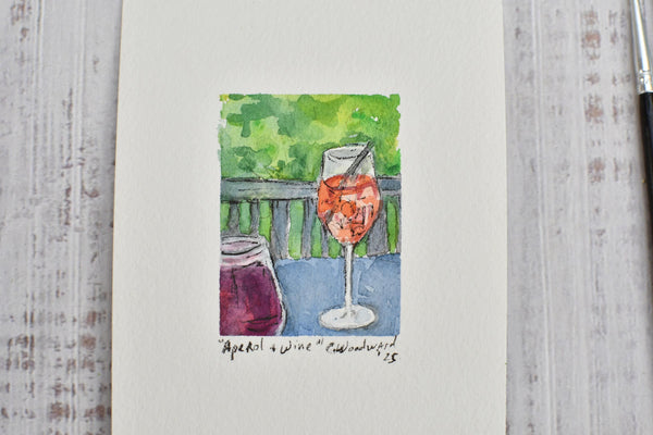 Watercolor Mini Painting Original Aperol Spritz Wall Art, Paper Unframed, Blue Green Wine Home Decor, Not A Print, Positano Amalfi Italy