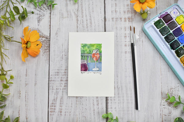 Watercolor Mini Painting Original Aperol Spritz Wall Art, Paper Unframed, Blue Green Wine Home Decor, Not A Print, Positano Amalfi Italy