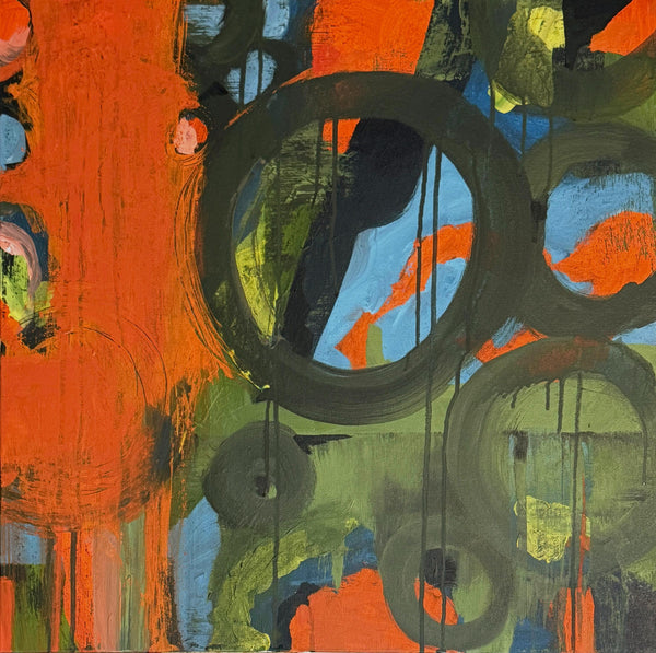 Original Abstract Painting 24x24 Wall Art Orange Green Black Blue Contemporary Art Ready to Hang Stretched Canvas Not A Print