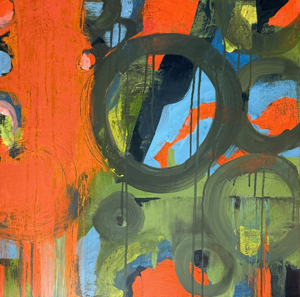 Original Abstract Painting 24x24 Wall Art Orange Green Black Blue Contemporary Art Ready to Hang Stretched Canvas Not A Print