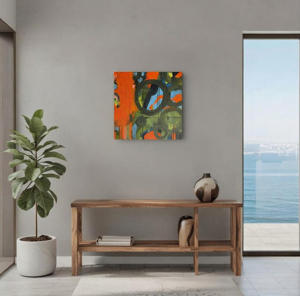 Original Abstract Painting 24x24 Wall Art Orange Green Black Blue Contemporary Art Ready to Hang Stretched Canvas Not A Print