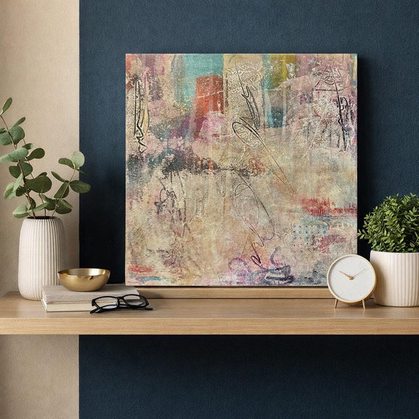 Original Abstract Painting: Beige, Teal Blue, Black, Orange, 12x12 Canvas Mixed Media