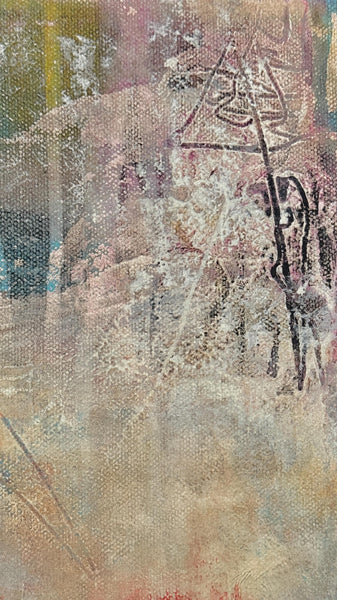 Original Abstract Painting: Beige, Teal Blue, Black, Orange, 12x12 Canvas Mixed Media