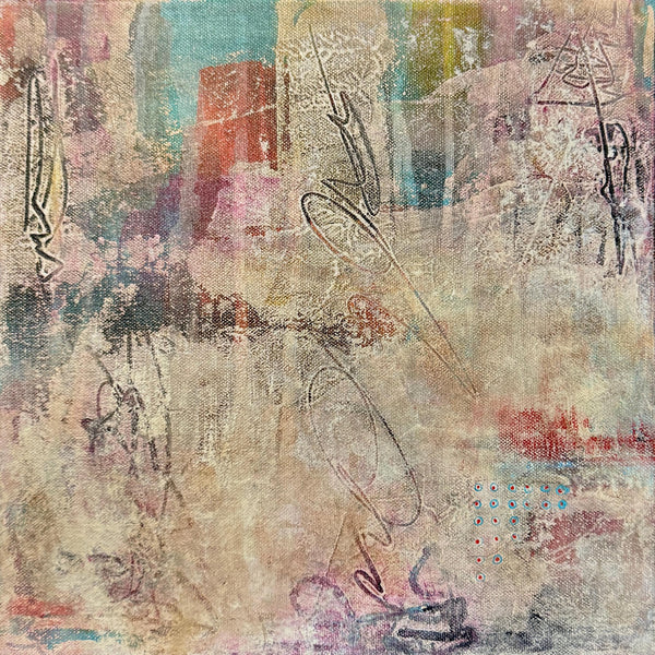 Original Abstract Painting: Beige, Teal Blue, Black, Orange, 12x12 Canvas Mixed Media