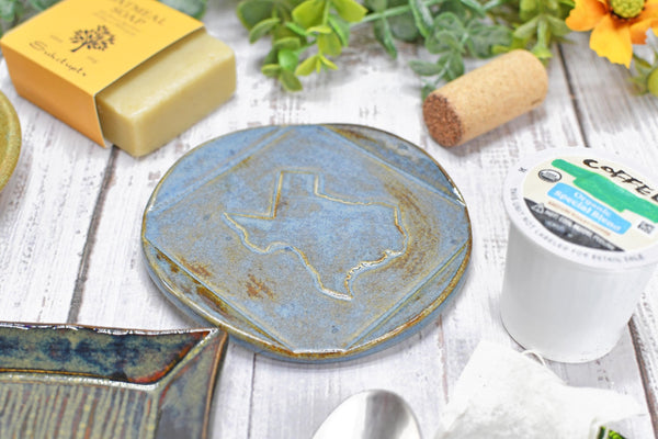 Texas State Ceramic Spoon Rest, Handmade Coffee Tea Spoon, Jewelry Trinket Dish, Stoneware Pottery, Black, Blue, Green, Brown, Rustic