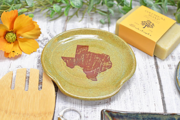 Texas State Ceramic Spoon Rest, Handmade Coffee Tea Spoon, Jewelry Trinket Dish, Stoneware Pottery, Black, Blue, Green, Brown, Rustic