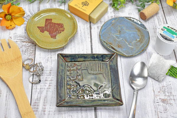 Texas State Ceramic Spoon Rest, Handmade Coffee Tea Spoon, Jewelry Trinket Dish, Stoneware Pottery, Black, Blue, Green, Brown, Rustic