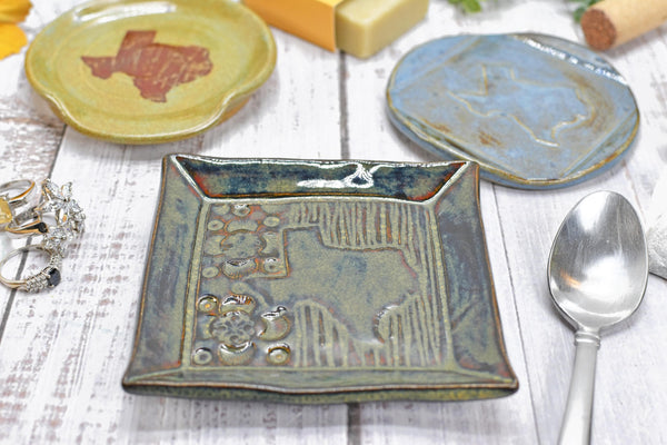 Texas State Ceramic Spoon Rest, Handmade Coffee Tea Spoon, Jewelry Trinket Dish, Stoneware Pottery, Black, Blue, Green, Brown, Rustic