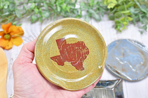 Texas State Ceramic Spoon Rest, Handmade Coffee Tea Spoon, Jewelry Trinket Dish, Stoneware Pottery, Black, Blue, Green, Brown, Rustic