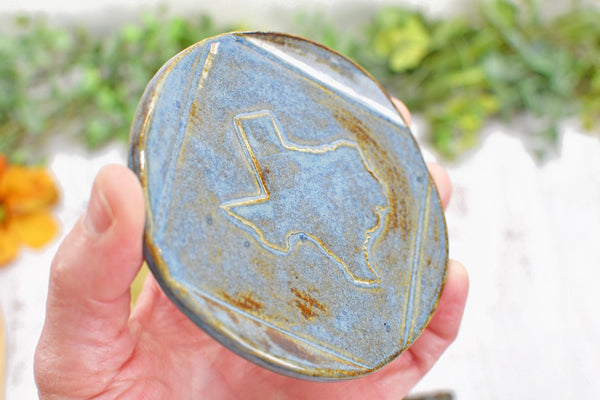 Texas State Ceramic Spoon Rest, Handmade Coffee Tea Spoon, Jewelry Trinket Dish, Stoneware Pottery, Black, Blue, Green, Brown, Rustic