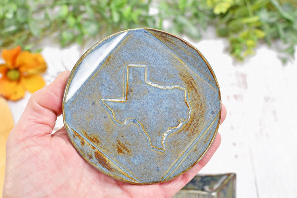 Texas State Ceramic Spoon Rest, Handmade Coffee Tea Spoon, Jewelry Trinket Dish, Stoneware Pottery, Black, Blue, Green, Brown, Rustic