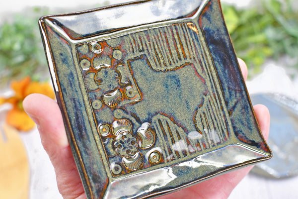 Texas State Ceramic Spoon Rest, Handmade Coffee Tea Spoon, Jewelry Trinket Dish, Stoneware Pottery, Black, Blue, Green, Brown, Rustic