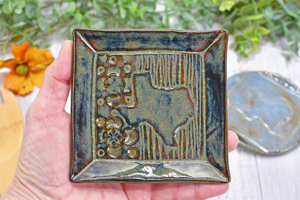 Texas State Ceramic Spoon Rest, Handmade Coffee Tea Spoon, Jewelry Trinket Dish, Stoneware Pottery, Black, Blue, Green, Brown, Rustic