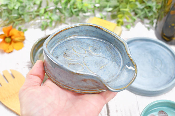 Paw Print Ceramic Spoon Rest Stove Top Wine Bottle Drip Dish Handmade Stoneware Pottery Dog Cat Animal Lover Gift Friend Mom Blue Brown