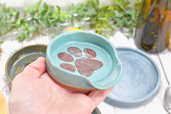 Paw Print Ceramic Spoon Rest Stove Top Wine Bottle Drip Dish Handmade Stoneware Pottery Dog Cat Animal Lover Gift Friend Mom Blue Brown