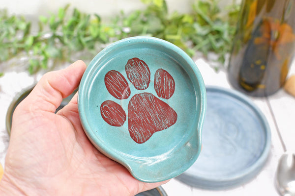 Paw Print Ceramic Spoon Rest Stove Top Wine Bottle Drip Dish Handmade Stoneware Pottery Dog Cat Animal Lover Gift Friend Mom Blue Brown