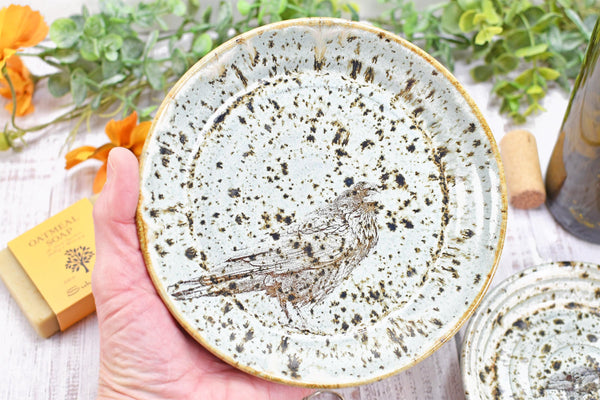 Raven Bird Ceramic Spoon Rest, Handmade Pottery, Medium for Stovetop Halloween, Countertop, Coffee Tea in Ghost Orange, Black, Olive Brown