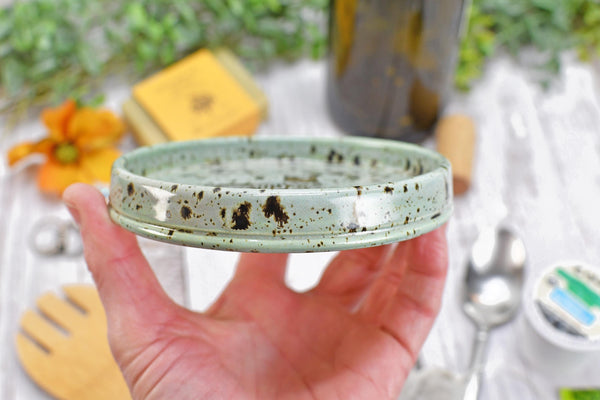 Hummingbird Ceramic Handmade Pottery, Medium Spoon Rest for Coffee Tea, Countertop, Robins Egg Gray Blue Speckled Wine Bottle Drip Dish