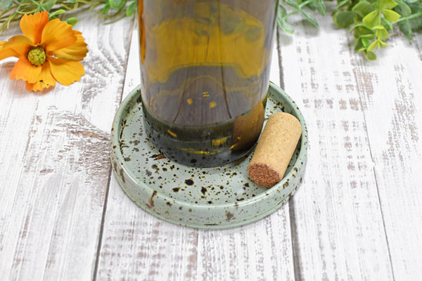 Hummingbird Ceramic Handmade Pottery, Medium Spoon Rest for Coffee Tea, Countertop, Robins Egg Gray Blue Speckled Wine Bottle Drip Dish