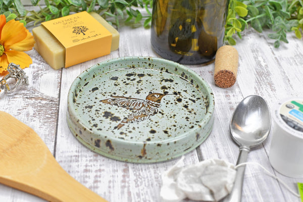 Hummingbird Ceramic Handmade Pottery, Medium Spoon Rest for Coffee Tea, Countertop, Robins Egg Gray Blue Speckled Wine Bottle Drip Dish