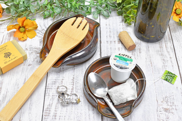 Spoon Rest Ceramic Rust Brown Large Pottery Stovetop Handmade Stoneware, Tabletop, Countertop Maroon Jasper Coffee Tea Bag Holder, Soap Dish