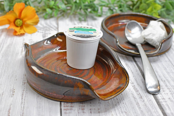 Spoon Rest Ceramic Rust Brown Large Pottery Stovetop Handmade Stoneware, Tabletop, Countertop Maroon Jasper Coffee Tea Bag Holder, Soap Dish