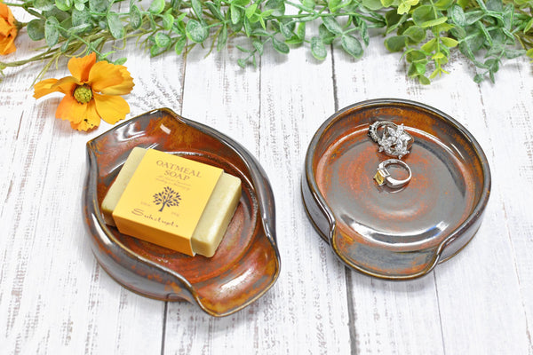 Spoon Rest Ceramic Rust Brown Large Pottery Stovetop Handmade Stoneware, Tabletop, Countertop Maroon Jasper Coffee Tea Bag Holder, Soap Dish