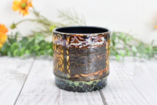 Bronze Whiskey Bourbon Cup, Pottery Anniversary Handmade Ceramic Tumbler Cardinal Bird Lover Bar Wine Gift, Black, Green, Tan Moroccan