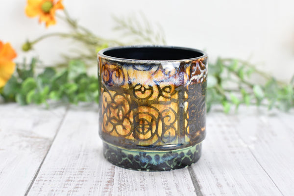 Bronze Whiskey Bourbon Cup, Pottery Anniversary Handmade Ceramic Tumbler Cardinal Bird Lover Bar Wine Gift, Black, Green, Tan Moroccan