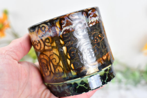 Bronze Whiskey Bourbon Cup, Pottery Anniversary Handmade Ceramic Tumbler Cardinal Bird Lover Bar Wine Gift, Black, Green, Tan Moroccan