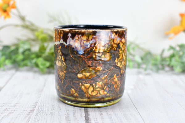 Whiskey Bourbon Cup, Bronze Pottery Anniversary Handmade Ceramic Tumbler BoHo Art Lover Wine Gift, Black, Olive Green, Tan Moroccan Pattern