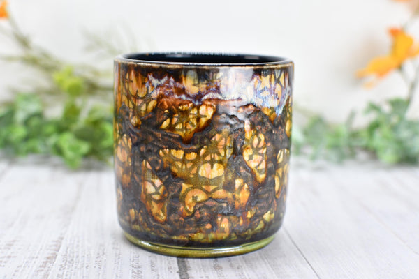 Whiskey Bourbon Cup, Bronze Pottery Anniversary Handmade Ceramic Tumbler BoHo Art Lover Wine Gift, Black, Olive Green, Tan Moroccan Pattern