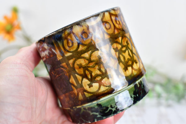 Bronze Whiskey Bourbon Cup, Pottery Anniversary Handmade Ceramic Tumbler Cardinal Bird Lover Bar Wine Gift, Black, Green, Tan Moroccan