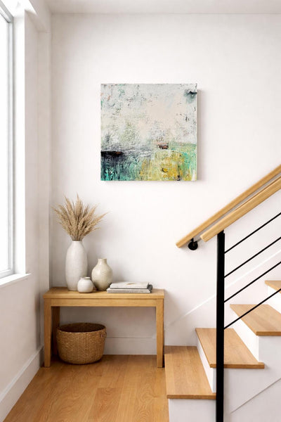 Abstract Painting Texture Wall Art Original Teal 24x24 Green White Black Gray Contemporary Ready to Hang Stretched Canvas Not A Print